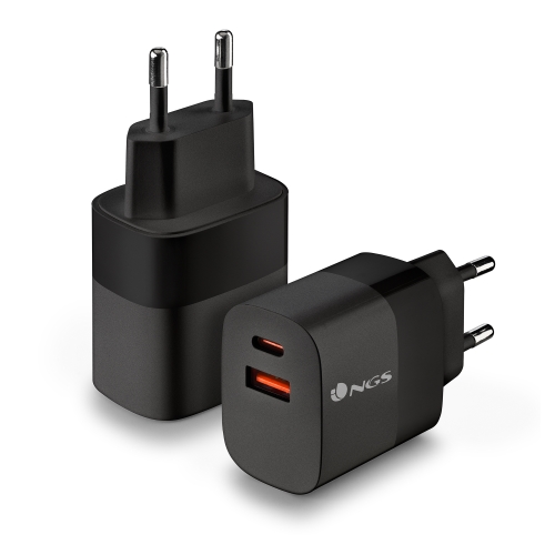 NGS Bud 33W Cargador Universal de Pared 33W Ultrarapido - 1x USB-C PD & PPS, 1x USB-A QC 3.0 - Color Negro