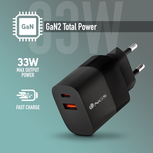 NGS Bud 33W Cargador Universal de Pared 33W Ultrarapido - 1x USB-C PD & PPS, 1x USB-A QC 3.0 - Color Negro