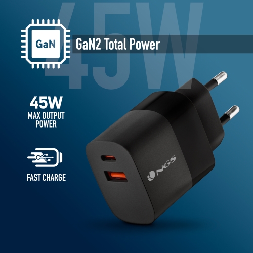 NGS Bud 45W Cargador Universal de Pared 45W Ultrarapido - 1x USB-C PD & PPS, 1x USB-A QC 3.0 - Color Negro