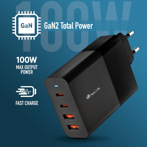 NGS Bud 100W Cargador Universal de Pared 100W Ultrarapido - 2x USB-C PD & PPS, 2x USB-A QC 3.0 - Color Negro