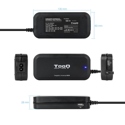 TooQ - Cargador universal para portátil AUTOMATICO TQLC-90BS02AT - Potencia 90W -  2xUSB - 12 conectores - Voltaje 12V-20V 