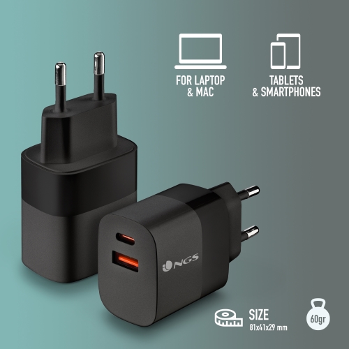 NGS Bud 33W Cargador Universal de Pared 33W Ultrarapido - 1x USB-C PD & PPS, 1x USB-A QC 3.0 - Color Negro