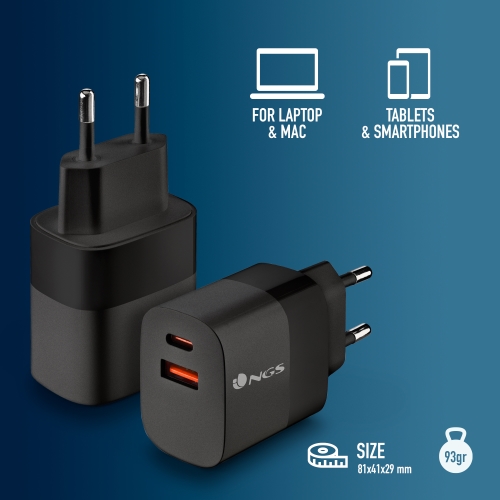 NGS Bud 45W Cargador Universal de Pared 45W Ultrarapido - 1x USB-C PD & PPS, 1x USB-A QC 3.0 - Color Negro