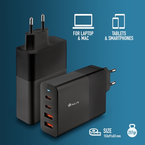 NGS Bud 100W Cargador Universal de Pared 100W Ultrarapido - 2x USB-C PD & PPS, 2x USB-A QC 3.0 - Color Negro