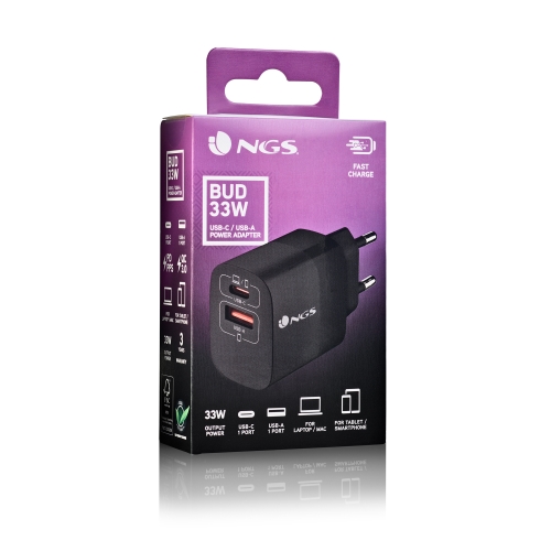 NGS Bud 33W Cargador Universal de Pared 33W Ultrarapido - 1x USB-C PD & PPS, 1x USB-A QC 3.0 - Color Negro