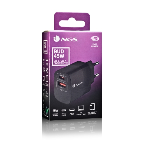 NGS Bud 45W Cargador Universal de Pared 45W Ultrarapido - 1x USB-C PD & PPS, 1x USB-A QC 3.0 - Color Negro