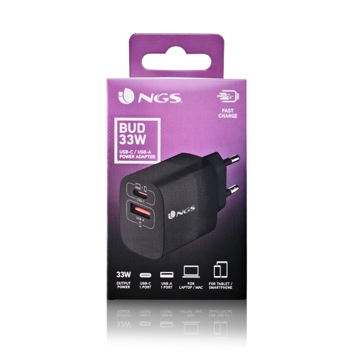 NGS Bud 33W Cargador Universal de Pared 33W Ultrarapido - 1x USB-C PD & PPS, 1x USB-A QC 3.0 - Color Negro