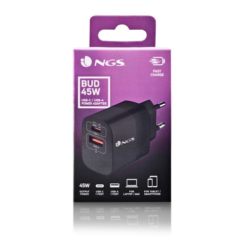 NGS Bud 45W Cargador Universal de Pared 45W Ultrarapido - 1x USB-C PD & PPS, 1x USB-A QC 3.0 - Color Negro